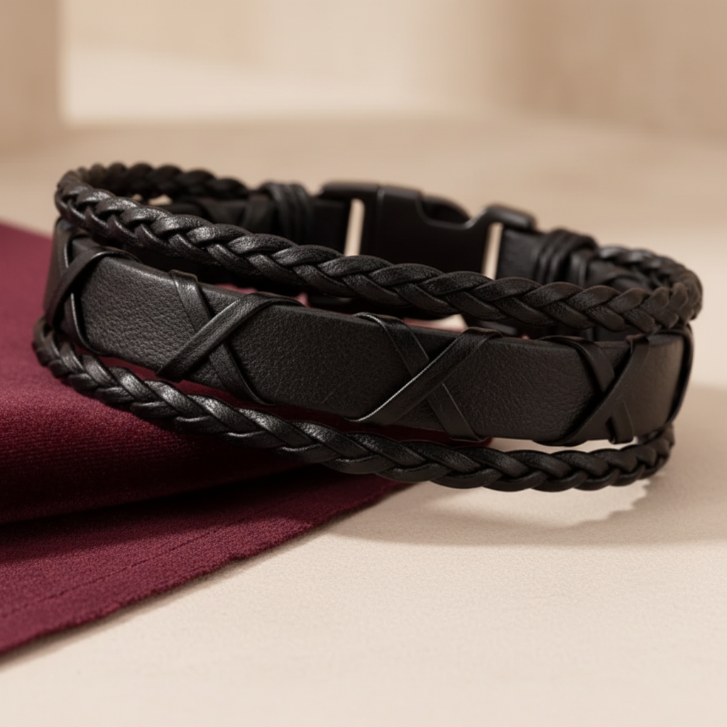 Black Leather Bracelet Closeup